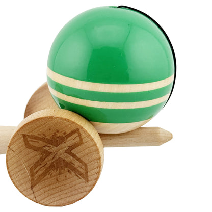 Kendama X Rainbow Originala, Profesionala, Big Cups V2, Super Sticky cu Cupe Mari, Rulment Metalic, din lemn 18 cm, Ata 55 cm, Verde/Maro