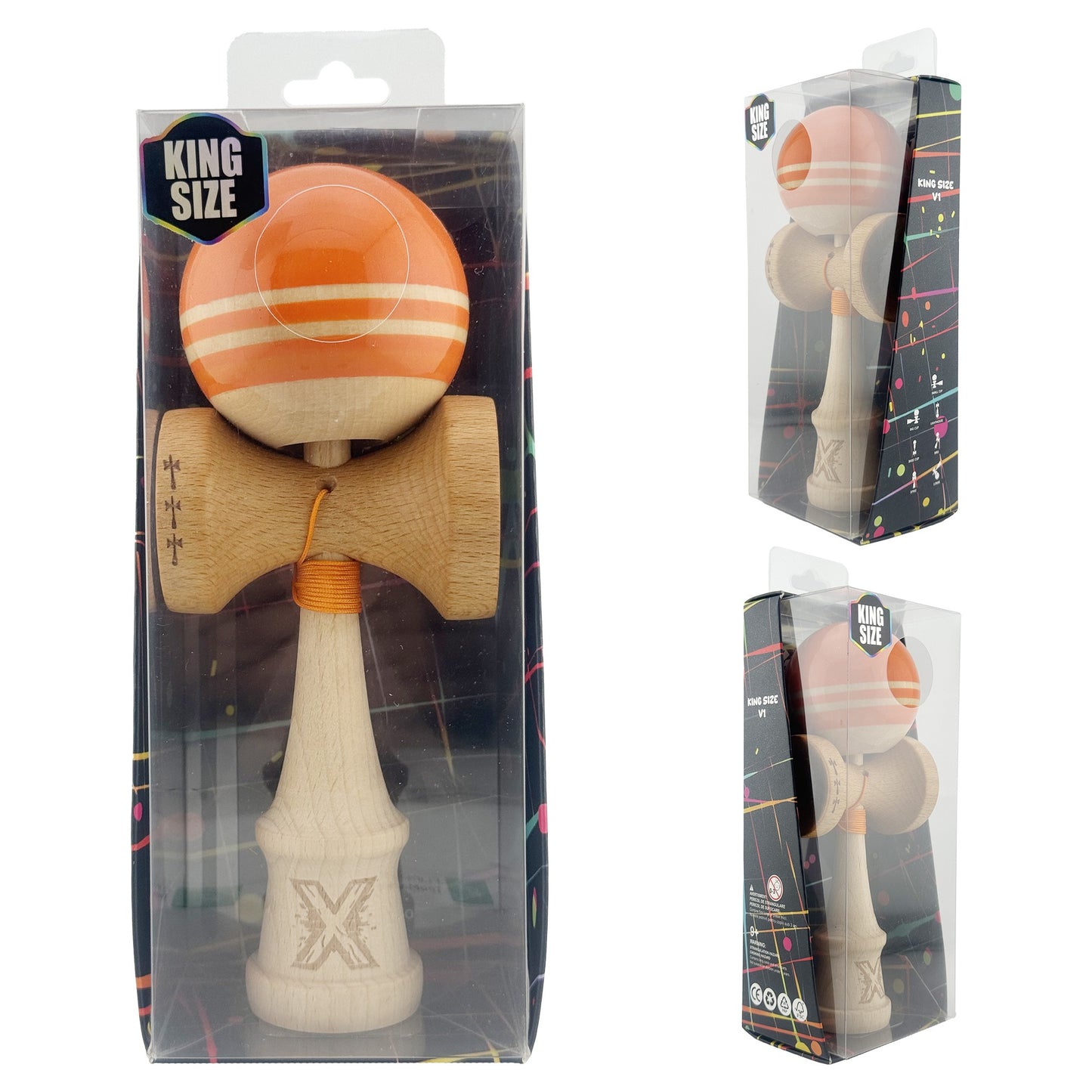 Kendama X Rainbow Originala, Profesionala,Big Cups V2, Super Sticky cu Cupe Mari, Rulment Metalic, din lemn 18 cm, Ata 55 cm, Portocaliu/Maro