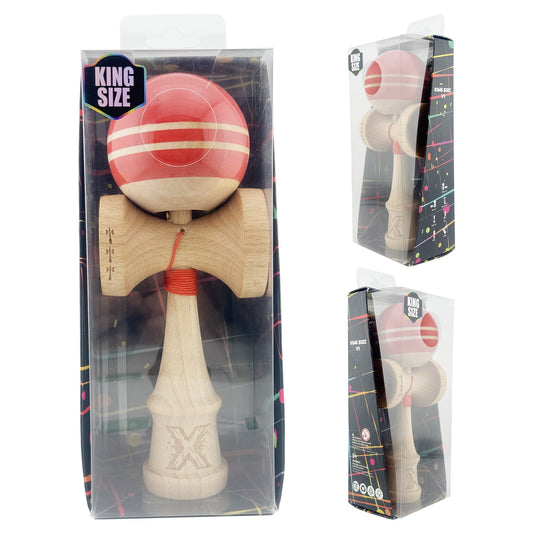 Kendama X Rainbow Originala, Profesionala,  Big Cups V2, Super Sticky cu Cupe Mari, Rulment Metalic, din lemn 18 cm, Ata 55 cm, Rosu/Maro