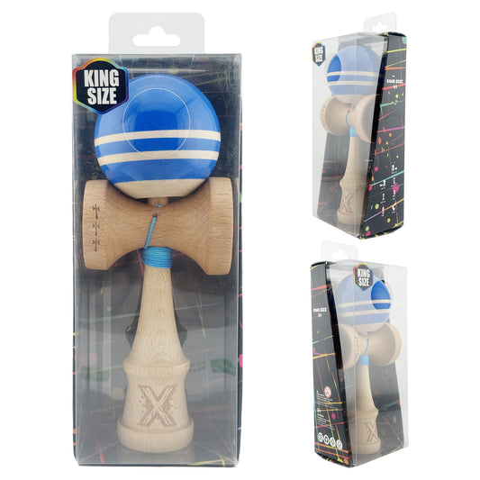 Kendama X Rainbow Originala, Profesionala,Big Cups V2, Super Sticky cu Cupe Mari, Rulment Metalic, din lemn 18 cm, Ata 55 cm, Albastru/Maro