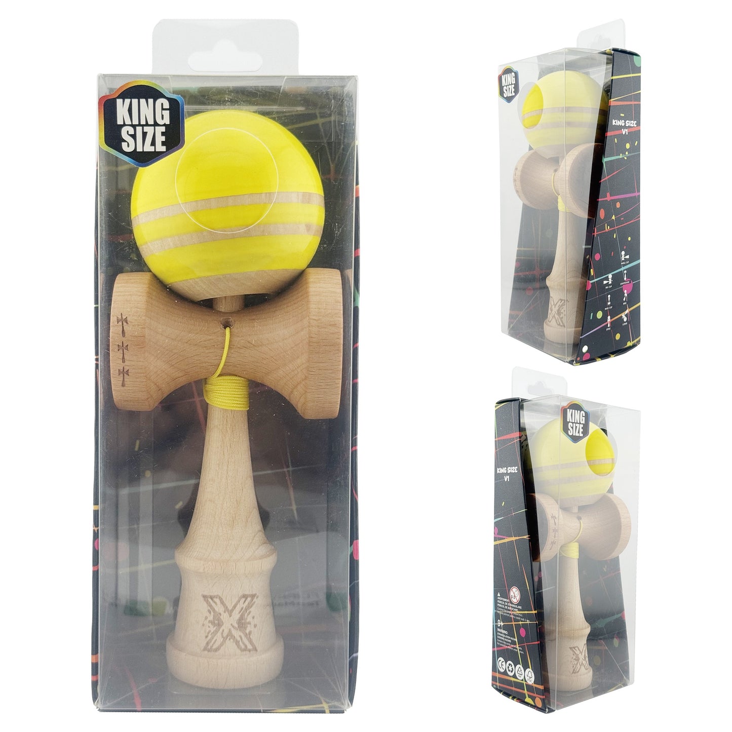Kendama X Rainbow Originala, Profesionala,  Big Cups V2, Super Sticky cu Cupe Mari, Rulment Metalic, din lemn 18 cm, Ata 55 cm, Galben/Maro