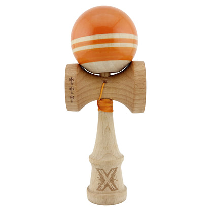 Kendama X Rainbow Originala, Profesionala,Big Cups V2, Super Sticky cu Cupe Mari, Rulment Metalic, din lemn 18 cm, Ata 55 cm, Portocaliu/Maro
