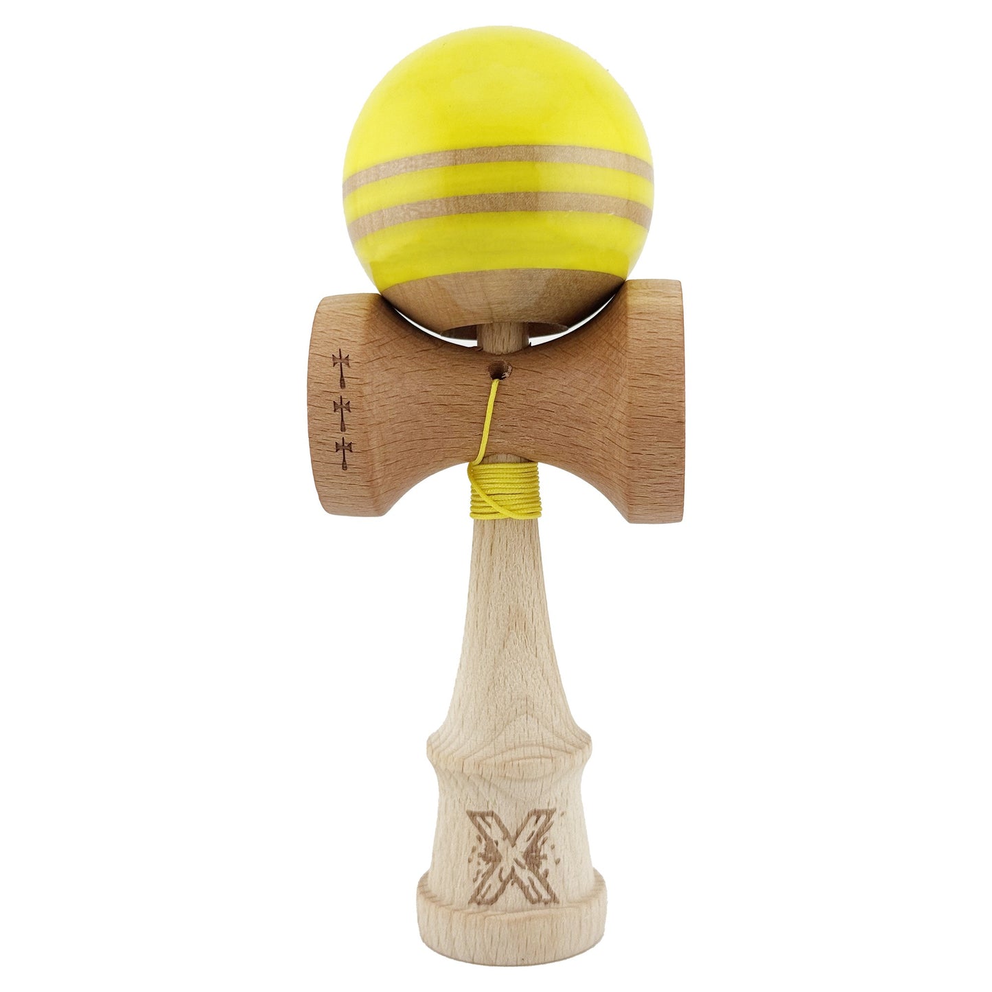 Kendama X Rainbow Originala, Profesionala,  Big Cups V2, Super Sticky cu Cupe Mari, Rulment Metalic, din lemn 18 cm, Ata 55 cm, Galben/Maro