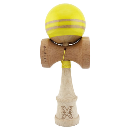 Kendama X Rainbow Originala, Profesionala,  Big Cups V2, Super Sticky cu Cupe Mari, Rulment Metalic, din lemn 18 cm, Ata 55 cm, Galben/Maro
