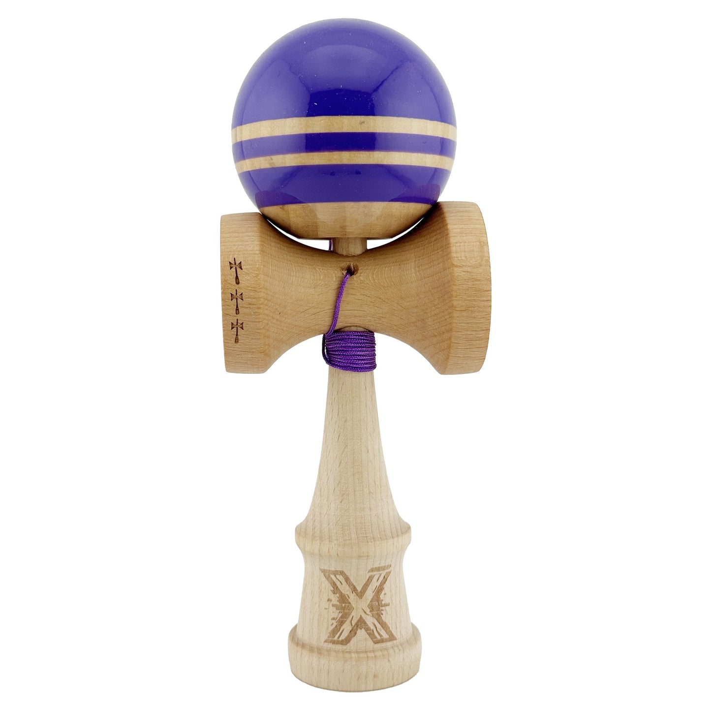 Kendama X Rainbow Originala, Profesionala, Big Cups V2, Super Sticky cu Cupe Mari, Rulment Metalic, din lemn 18 cm, Ata 55 cm, Indigo/Maro