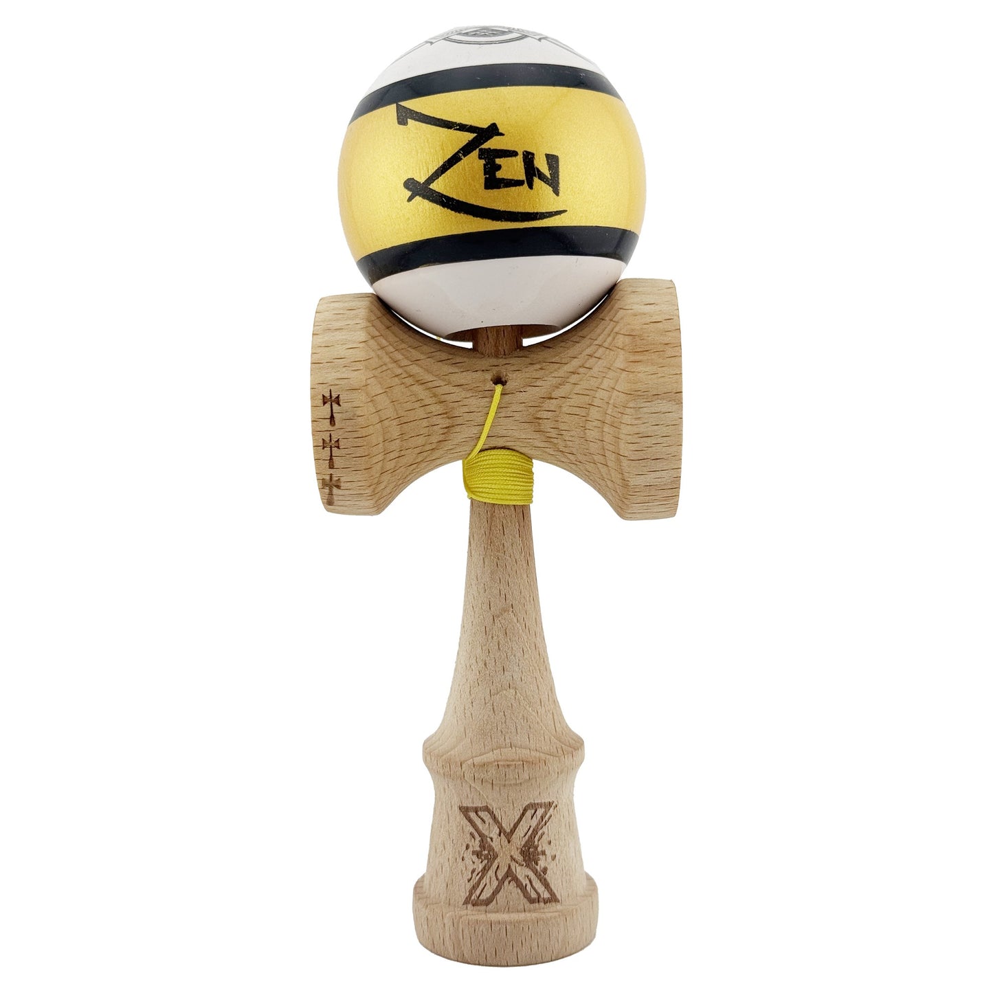 Kendama X ZEN Originala, Profesionala, Big Cups V2, Super Sticky Legendary Cupe Mari, Rulment Metalic cu Ata 55 cm, Auriu/Alb