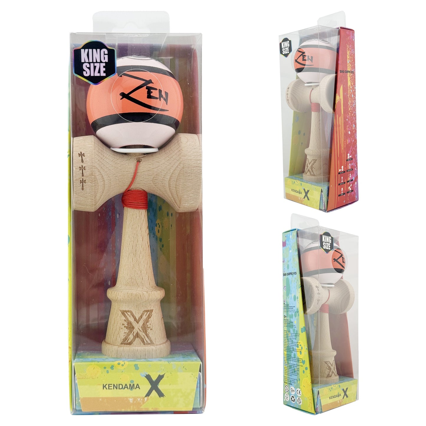 Kendama X Zen Series Originala, Profesionala, Super Sticky, Gaura in Baza, Cupe Mari KING SIZE V3,Rulment Metalic, din lemn 18 cm, Ata 55 cm, Coral