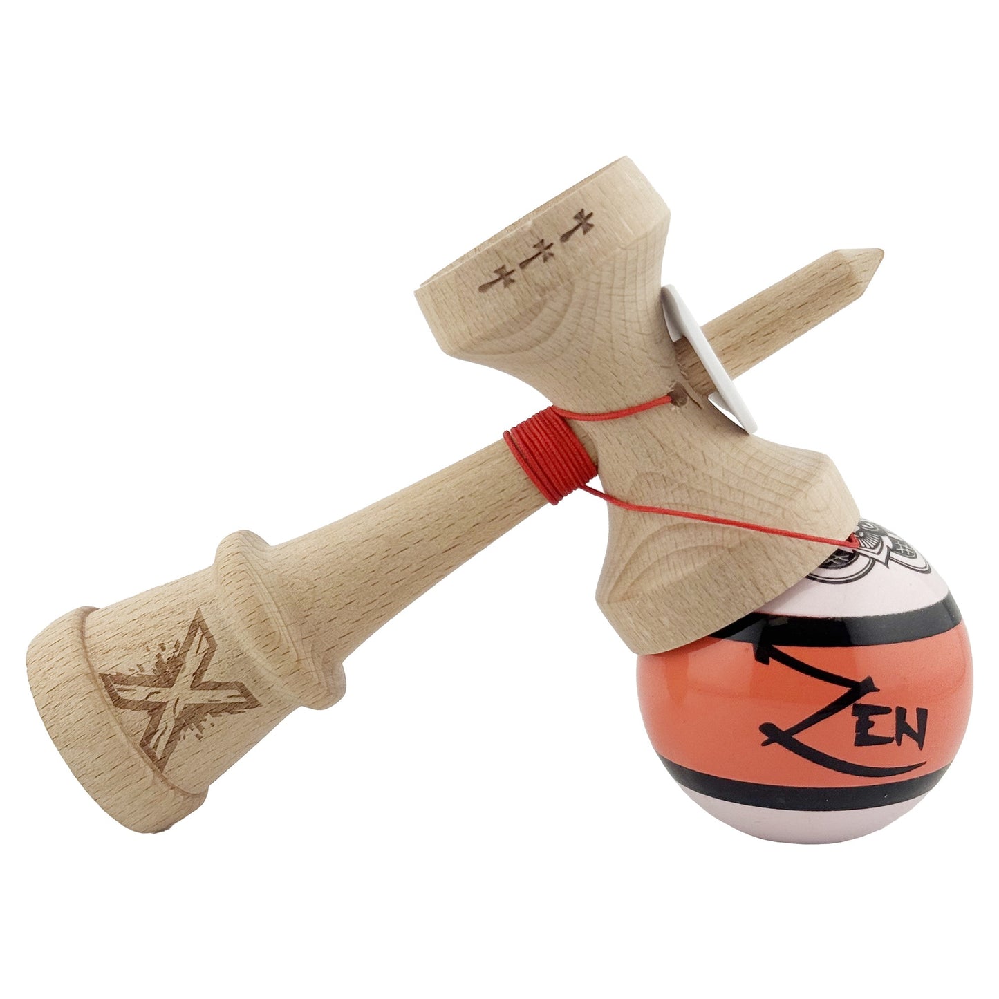Kendama X Zen Series Originala, Profesionala, Super Sticky, Gaura in Baza, Cupe Mari KING SIZE V3,Rulment Metalic, din lemn 18 cm, Ata 55 cm, Coral