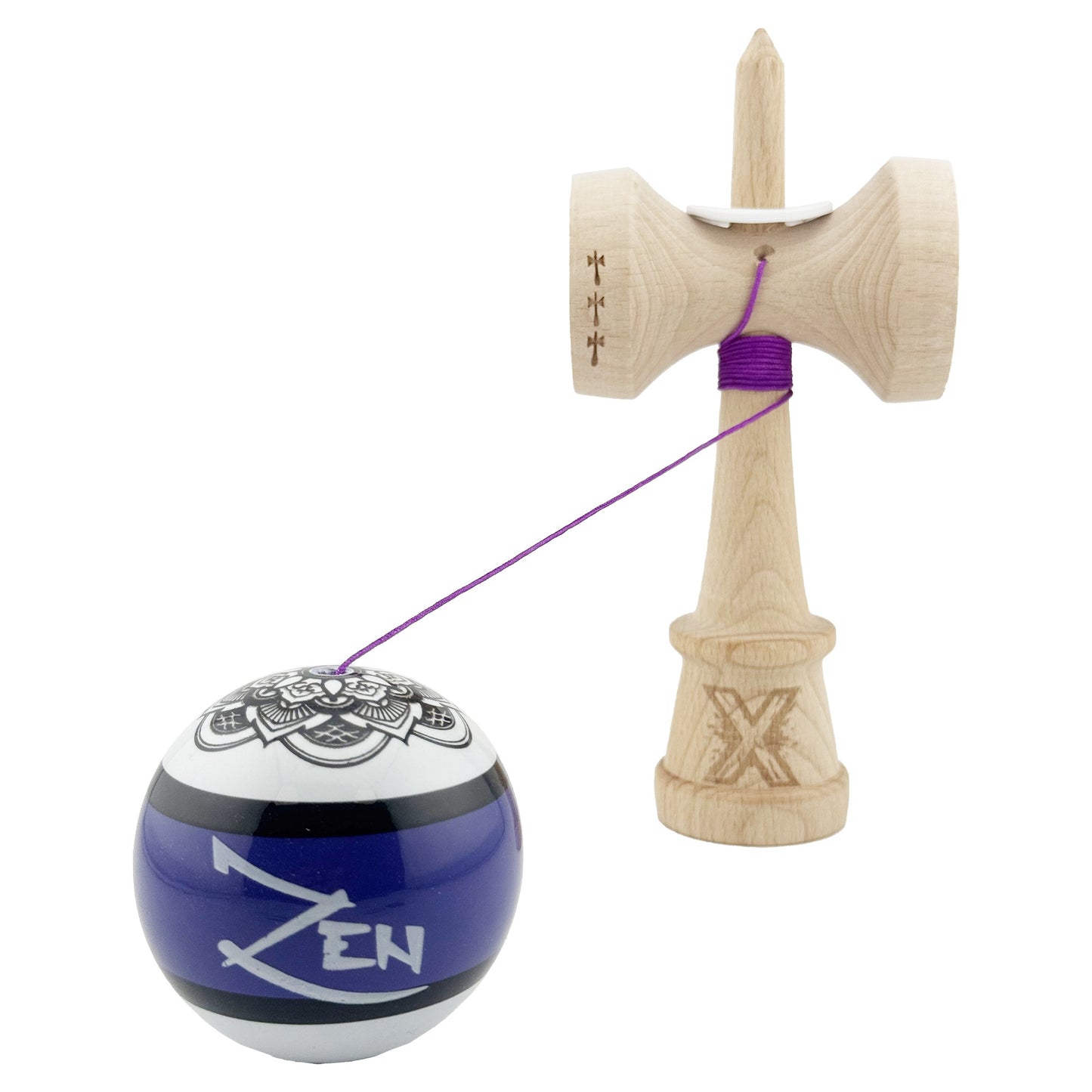 Kendama X Zen Series Originala, Profesionala, Super Sticky, Gaura in Baza, Cupe Mari KING SIZE V3, Rulment Metalic, din lemn 18 cm, Ata 55 cm, Violet
