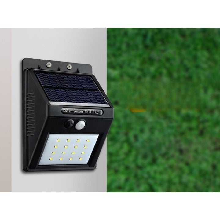 Lampa cu incarcare solara si senzor de miscare pentru exterior, 20 LED cu distanta de inductie, montaj pe perete, fara cabluri