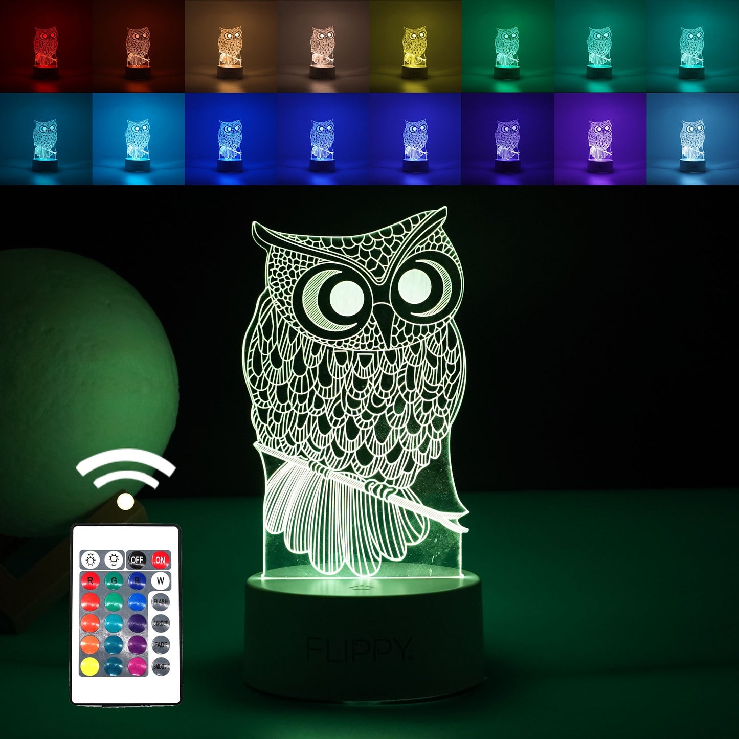 Lampa LED decorativa,  3D, Bufnita, cu USB si baterii, 20 cm inaltime, din material acril, lumina multicolora si telecomanda inclusa, alb