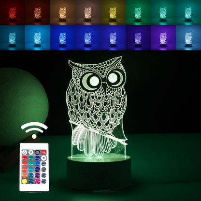 Lampa LED decorativa,  3D, Bufnita, cu USB si baterii, 20 cm inaltime, din material acril, lumina multicolora si telecomanda inclusa, alb