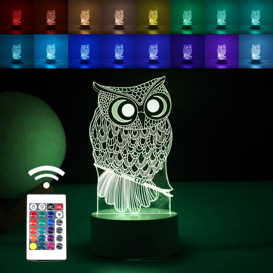 Lampa LED decorativa,  3D, Bufnita, cu USB si baterii, 20 cm inaltime, din material acril, lumina multicolora si telecomanda inclusa, alb