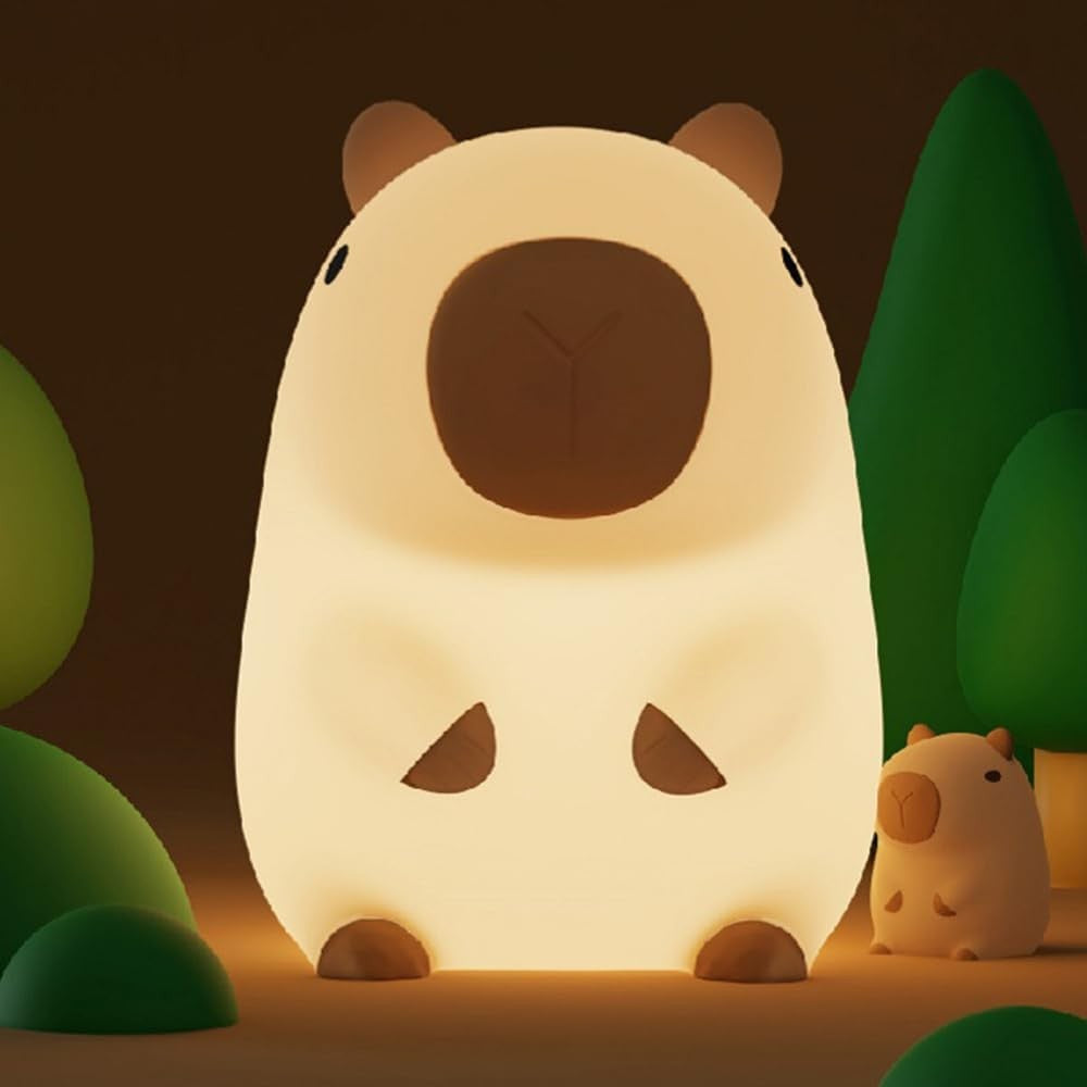 Lampa de Veghe Capibara pentru Copii, din Silicon, Senzor Tactil,  Lumina Calda, Protectie pentru Ochi, Incarcare USB, Capacitate Baterie Incorporata 800mAh, 10.8x9x12.8 cm, Alb