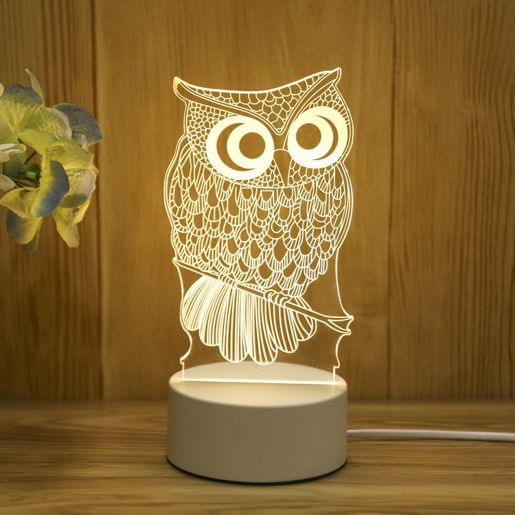 Lampa LED decorativa,  3D, Bufnita, cu USB si baterii, 20 cm inaltime, din material acril, lumina multicolora si telecomanda inclusa, alb