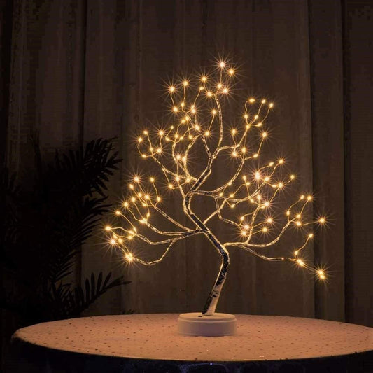 Lampa de veghe LED cu baterii si USB, Model Copac din cupru, Alb cald