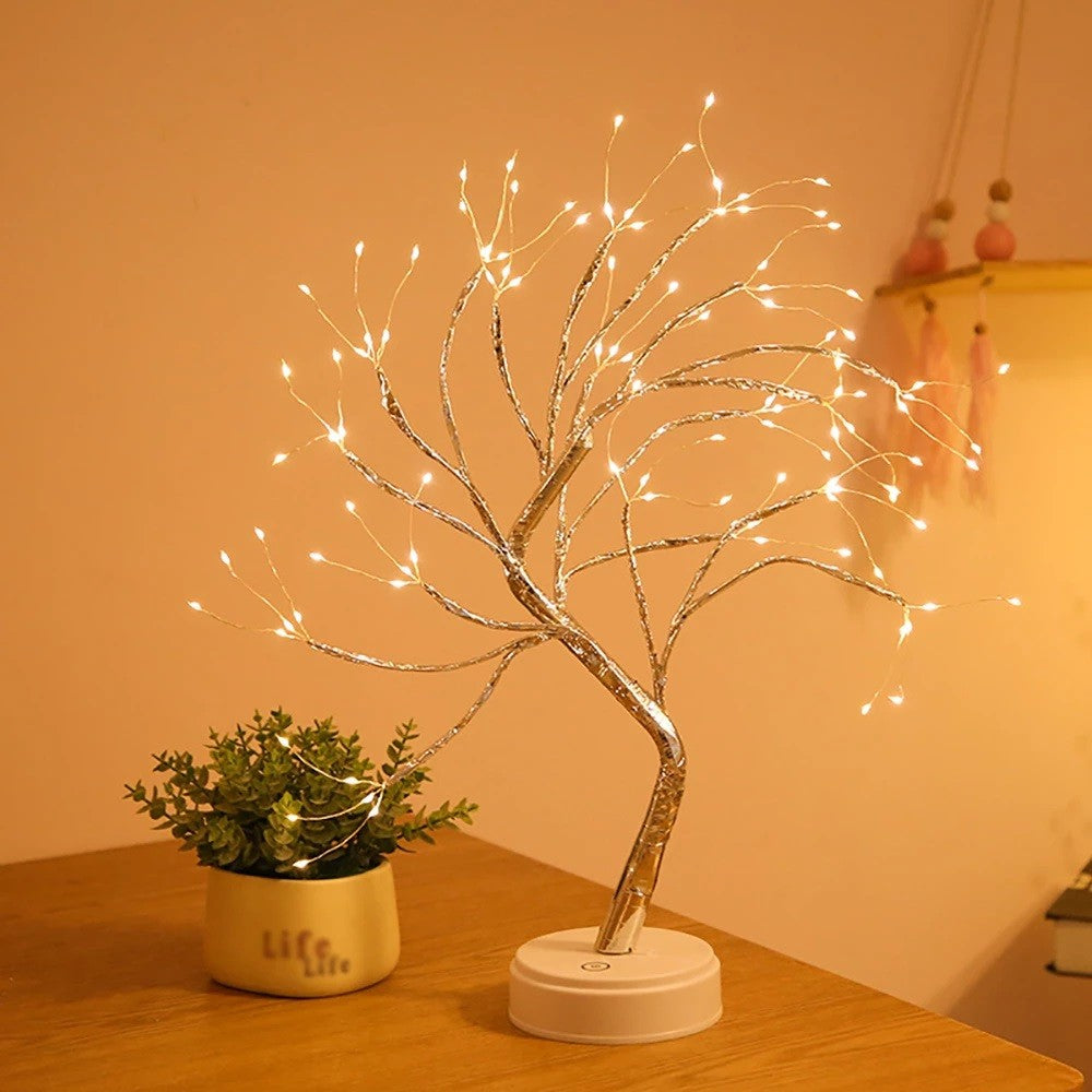 Lampa de veghe LED cu baterii si USB, Model Copac din cupru, Alb cald
