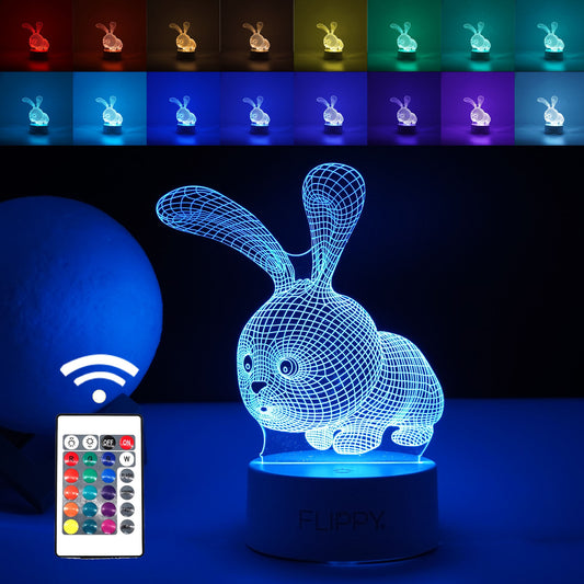 Lampa LED decorativa, 3D, Iepure, cu USB si baterii, 20 cm inaltime, din material acril, lumina multicolora si telecomanda inclusa, alb