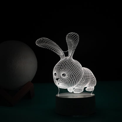 Lampa LED decorativa, 3D, Iepure, cu USB si baterii, 20 cm inaltime, din material acril, lumina multicolora si telecomanda inclusa, alb