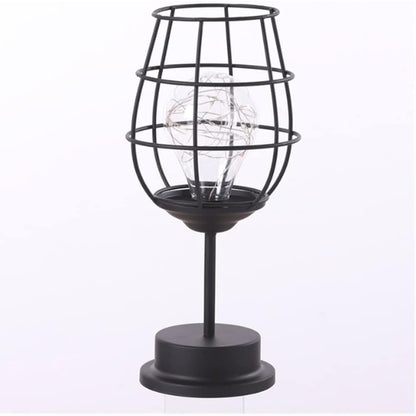Lampa Decorativa cu Leduri, Model Pahar de Vin, cu Baterii, 13 x 13 x 28 cm, Suport Negru, Lumina Alb Cald