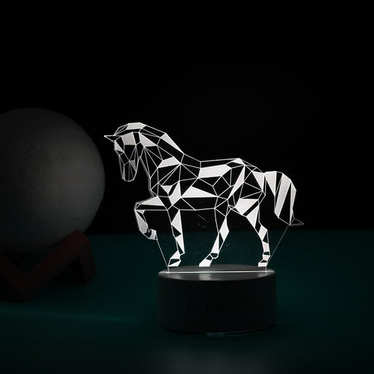 Lampa LED decorativa,  3D, Cal, cu telecomanda, doua moduri de alimentare USB si baterii, 20 cm inaltime, din material acril si lumina multicolora, alb