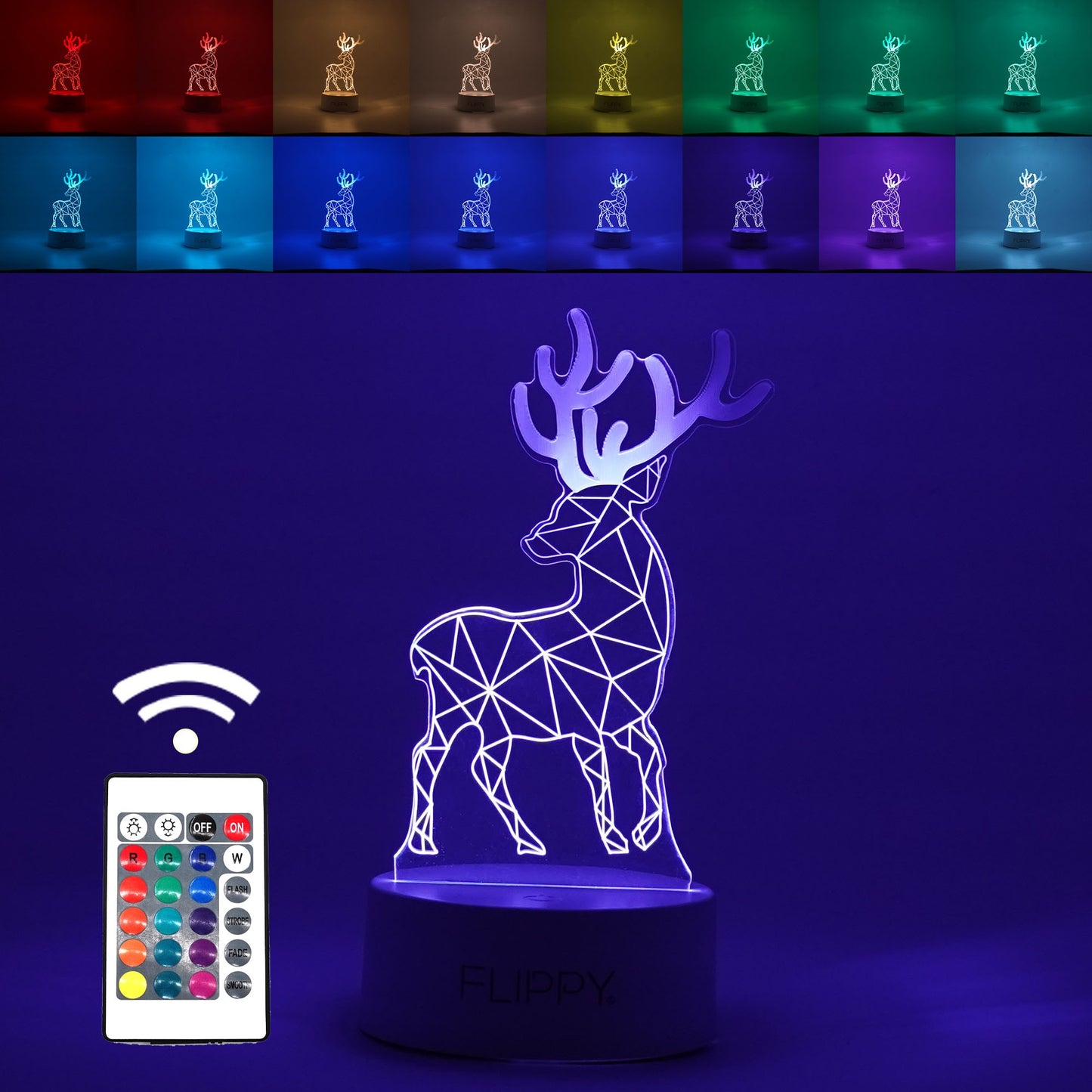 Lampa LED decorativa, 3D, Cerb, cu telecomanda, doua moduri de alimentare USB si baterii, 20 cm inaltime, din material acril si lumina multicolora, alb