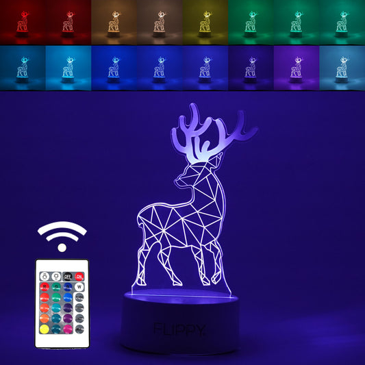 Lampa LED decorativa, 3D, Cerb, cu telecomanda, doua moduri de alimentare USB si baterii, 20 cm inaltime, din material acril si lumina multicolora, alb
