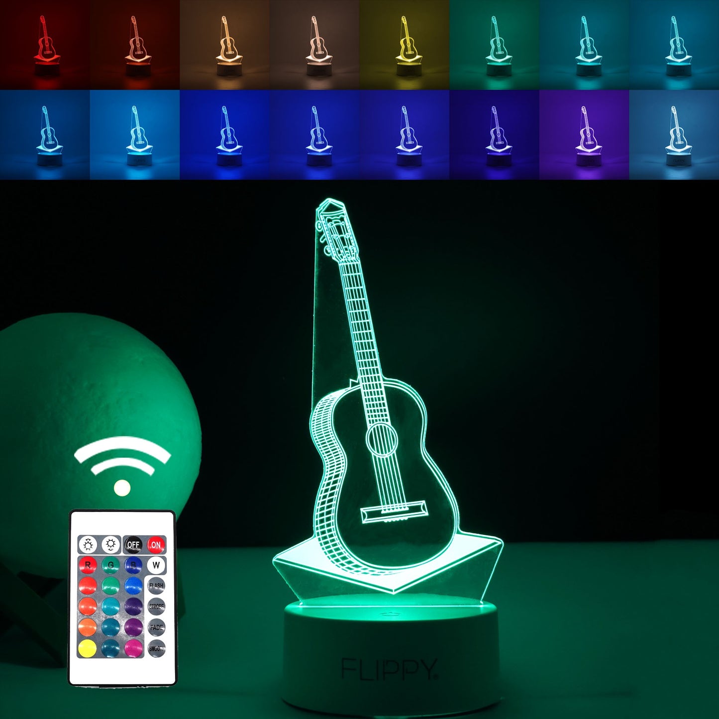 Lampa LED decorativa, 3D, Chitara, din material acril si lumina multicolora, alb