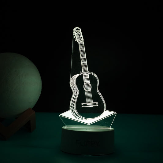 Lampa LED decorativa, 3D, Chitara, din material acril si lumina multicolora, alb