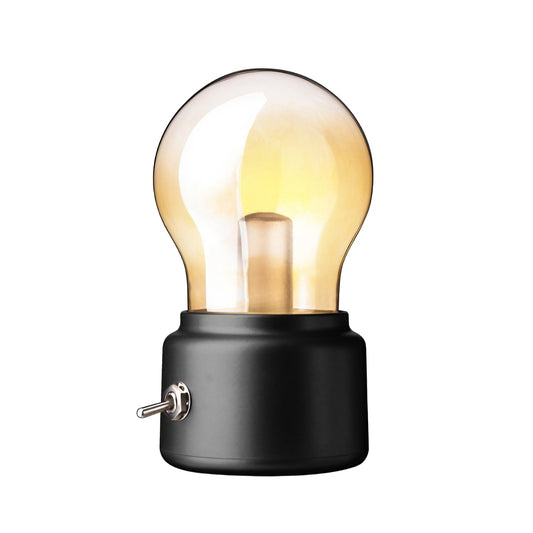 Lampa LED Decorativa sub forma de Bulb, Retro pentru interior, Negru/ Transparent, 5 V, 500 mA, ABS, Lumina Calda, Incarcare USB, Autonimie 12 Ore, Comutator Metalic,11x7x6 cm