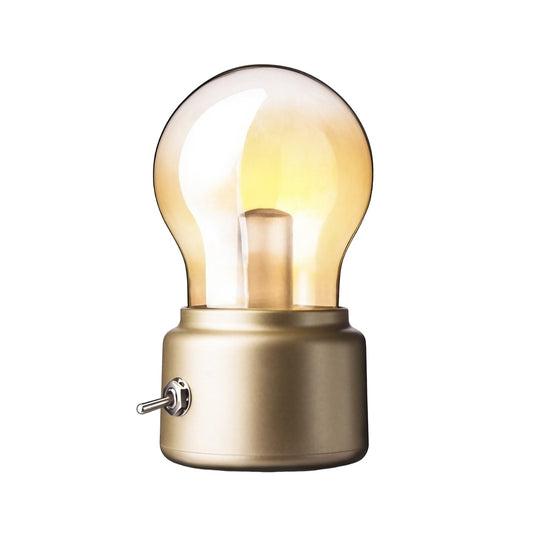 Lampa LED Decorativa sub forma de Bulb, Retro pentru interior, Bej/ Transparent, 5 V, 500 mA, ABS, Lumina Calda, Incarcare USB, Autonimie 12 Ore, Comutator Metalic, 11x7x6 cm