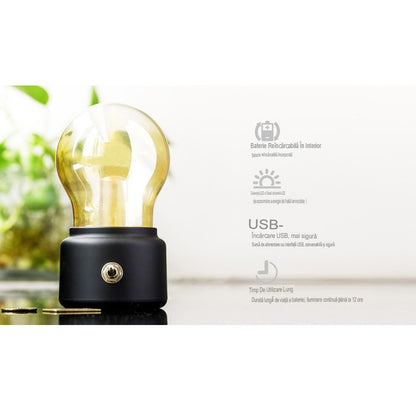 Lampa LED Decorativa sub forma de Bulb, Retro pentru interior, Negru/ Transparent, 5 V, 500 mA, ABS, Lumina Calda, Incarcare USB, Autonimie 12 Ore, Comutator Metalic,11x7x6 cm