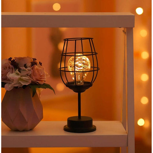 Lampa Decorativa cu Leduri, Model Pahar de Vin, cu Baterii, 13 x 13 x 28 cm, Suport Negru, Lumina Alb Cald
