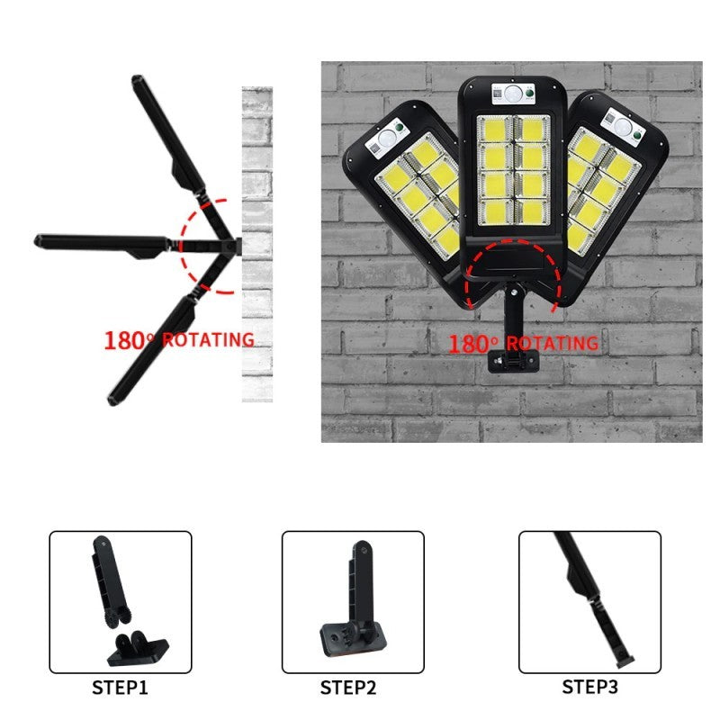 Lampa Solara De Exterior LED, 36 cm x 11.5 cm, kit montare inclus, 2880 Lumeni 120 COB LED 24 W - echivalent 192 W bec incadescent, IP65, Senzor de Miscare, 3 moduri de iluminare, Senzor de Lumina, 10 Grile, Alb Rece