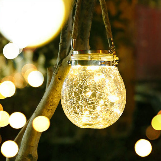 Lampa solara decorativa pentru exterior, IP65, 20 LED-uri, 600mAh, 14 x 12 cm, cu agatatoare, model borcan rotund, alb cald