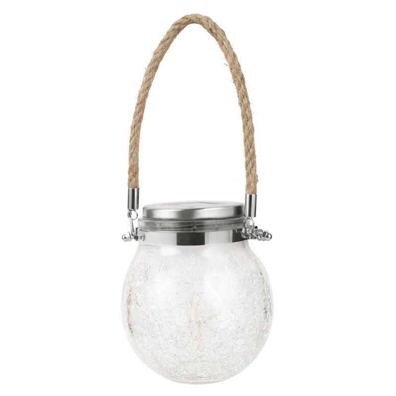 Lampa solara decorativa pentru exterior, IP65, 20 LED-uri, 600mAh, 14 x 12 cm, cu agatatoare, model borcan rotund, alb cald