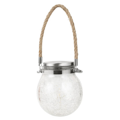 Lampa solara decorativa pentru exterior, IP65, 20 LED-uri, 600mAh, 14 x 12 cm, cu agatatoare, model borcan rotund, alb cald
