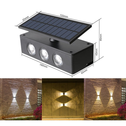 Lampa solara LED bidirectionala, cu panou ajustabil, comutator culoare lumina, pentru perete, scari, gradina, terasa, 16 x 6.5 cm, 6 LED-uri, material ABS, baterie 3.7 V, 1200mah, multicolor