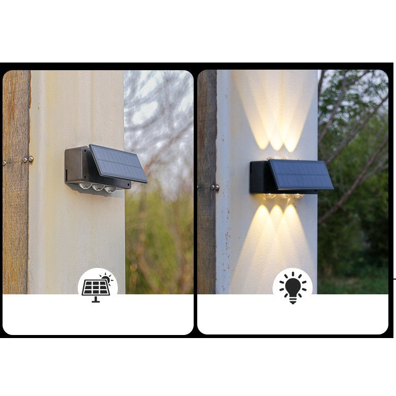 Lampa solara LED bidirectionala, cu panou ajustabil, comutator culoare lumina, pentru perete, scari, gradina, terasa, 16 x 6.5 cm, 6 LED-uri, material ABS, baterie 3.7 V, 1200mah, multicolor