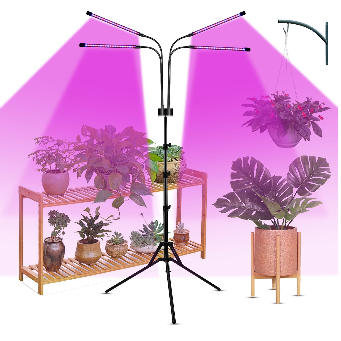 Lampa UV pentru cresterea plantelor,  4 capete, putere 30W, 108 LED-uri Lampa cu lumina Ultra-Violet, Lampa cu Picior Ajustabil pana la 2 m, Lumina UV Mov