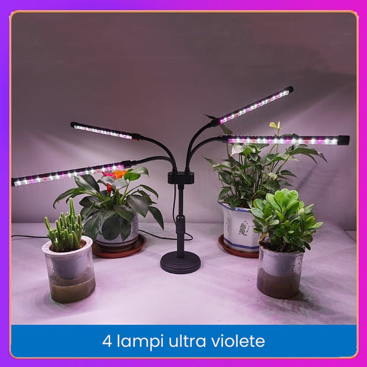Lampa UV pentru cresterea plantelor, conectare la retea, 20W, 4 capete, 72 LED-uri, ajustabila pana la 66.5 cm, Lumina Alb Mov