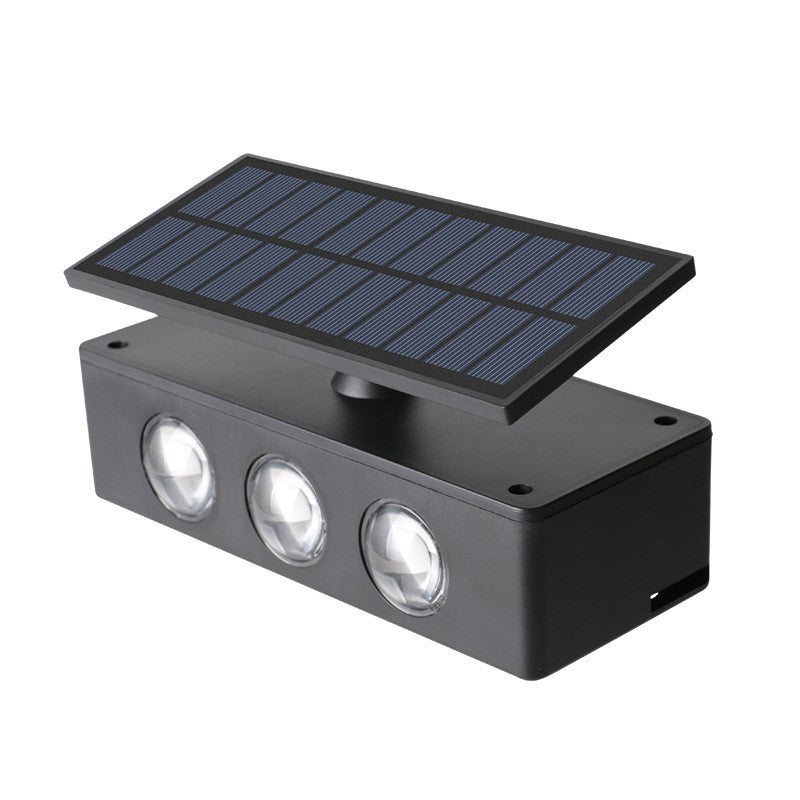 Lampa solara LED bidirectionala, cu panou ajustabil, comutator culoare lumina, pentru perete, scari, gradina, terasa, 16 x 6.5 cm, 6 LED-uri, material ABS, baterie 3.7 V, 1200mah, multicolor