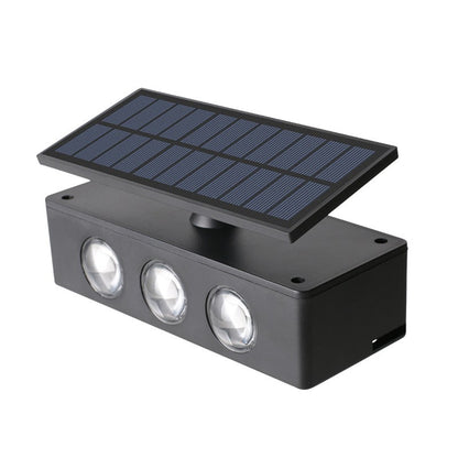 Lampa solara LED bidirectionala, cu panou ajustabil, comutator culoare lumina, pentru perete, scari, gradina, terasa, 16 x 6.5 cm, 6 LED-uri, material ABS, baterie 3.7 V, 1200mah, multicolor