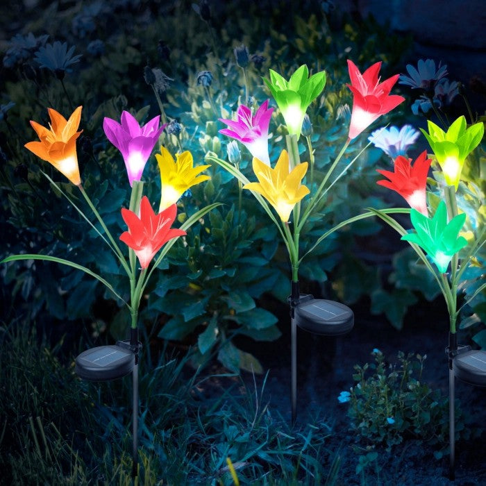 Lumina solara LED tip Crin cu 4 flori, inaltime 80 cm, pentru gradina