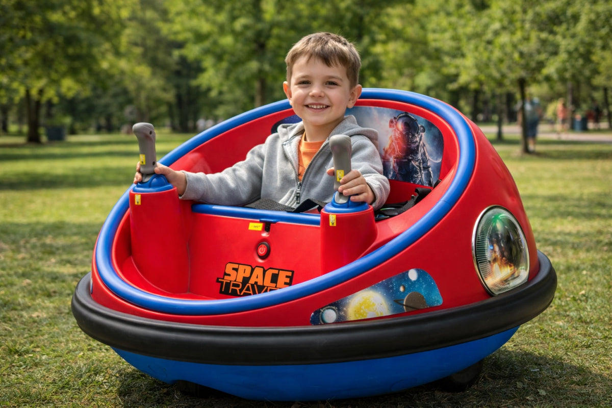 Masinuta electrica Bumper Car pentru copii, 2 joystick-uri, rotire 360°, lumini LED, Centura Siguranta, Rosu/Albastru