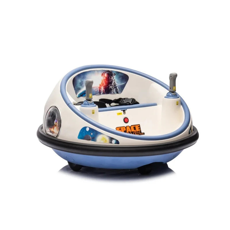 Masinuta electrica Bumper Car pentru copii, 2 joystick-uri, rotire 360°, lumini LED, centura siguranta, Alb/Albastru