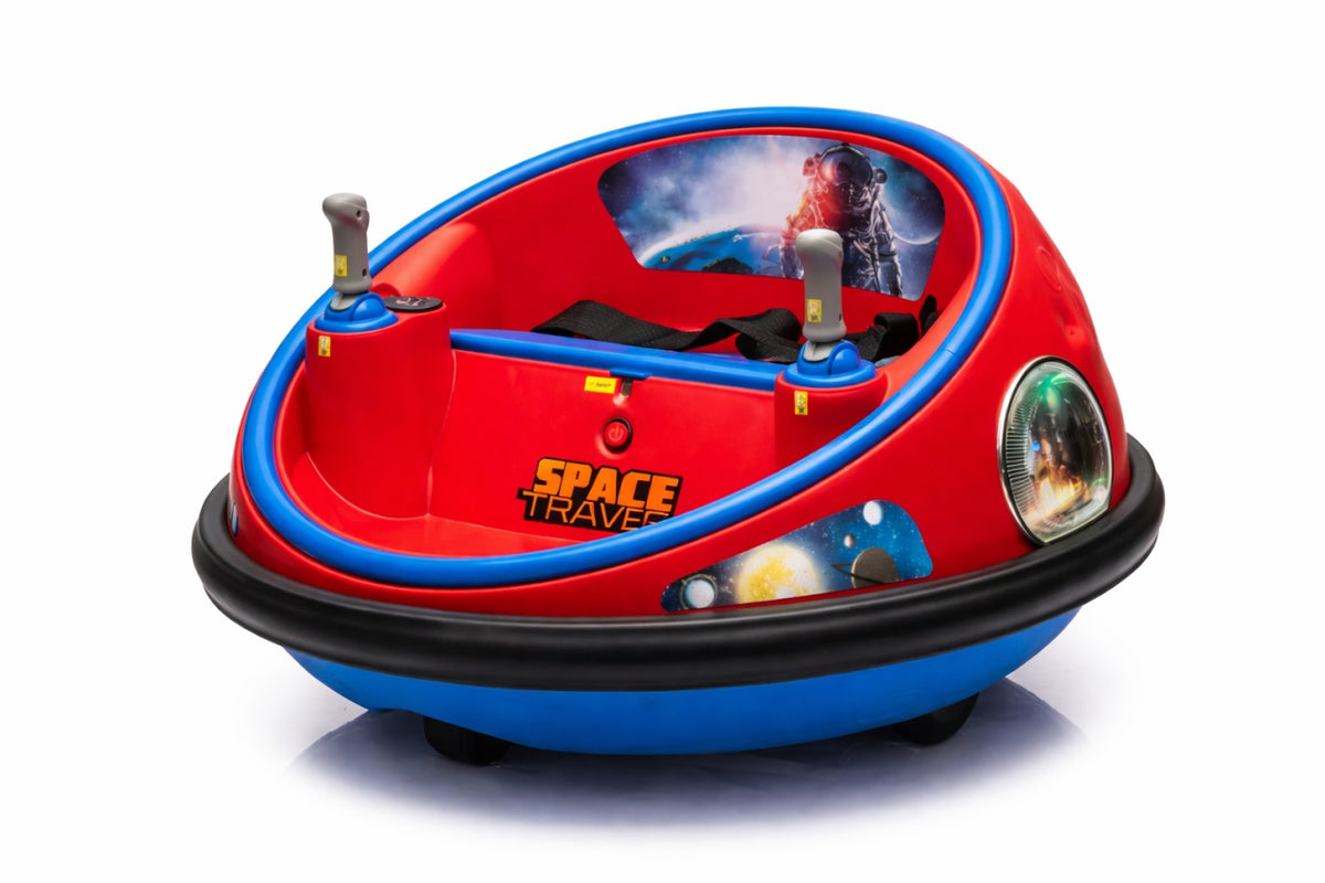 Masinuta electrica Bumper Car pentru copii, 2 joystick-uri, rotire 360°, lumini LED, Centura Siguranta, Rosu/Albastru