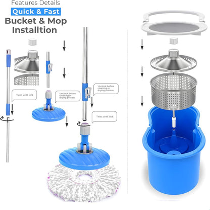Mop Rotativ cu Găleată 19x40x21cm Mâner Inox Extensibil 125cm, și Cap Reutilizabil 32cm Super Absorbant 360°