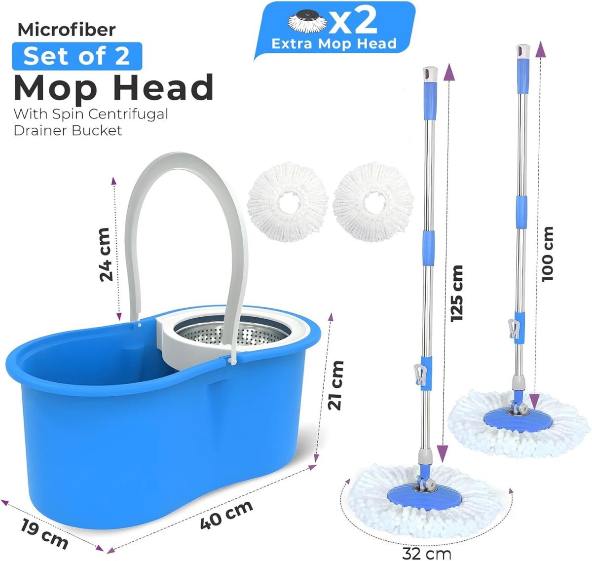 Mop Rotativ cu Găleată 19x40x21cm Mâner Inox Extensibil 125cm, și Cap Reutilizabil 32cm Super Absorbant 360°