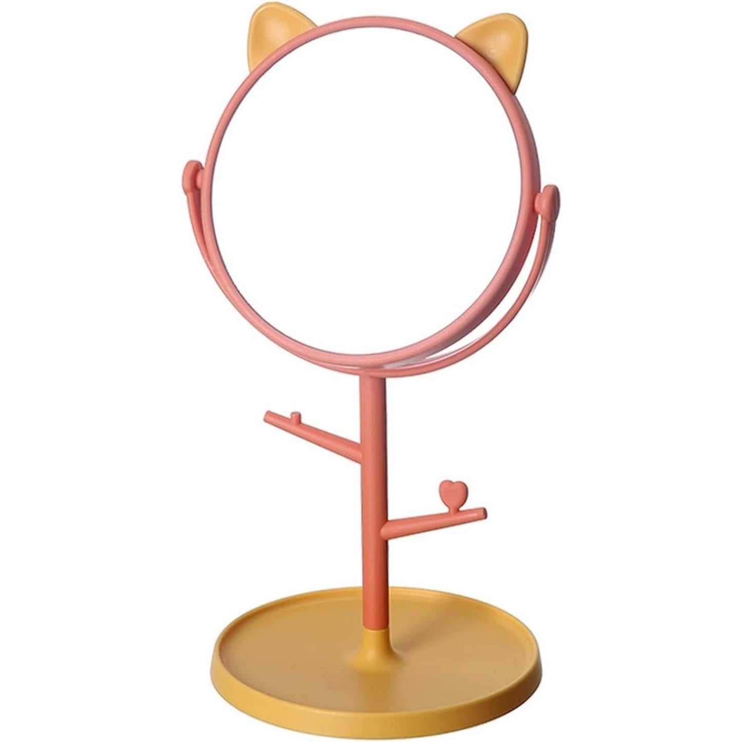 Oglina Cosmetica cu Picior, HD, Rotire 360 Grade, 15 cm Diametru, Suport Bijuterii Baza Rotunda + 2 Brate, Model cu Urechi, 31 x 14.5 x 15 cm, din Plastic